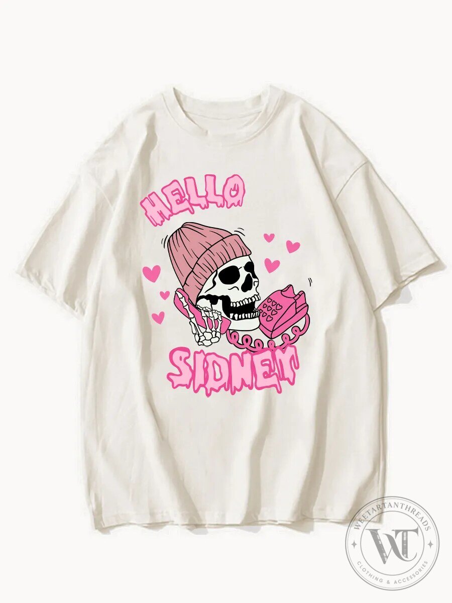 Hello Sidney Skeleton Calling Pink Hearts Horror Movie Fan T-Shirt