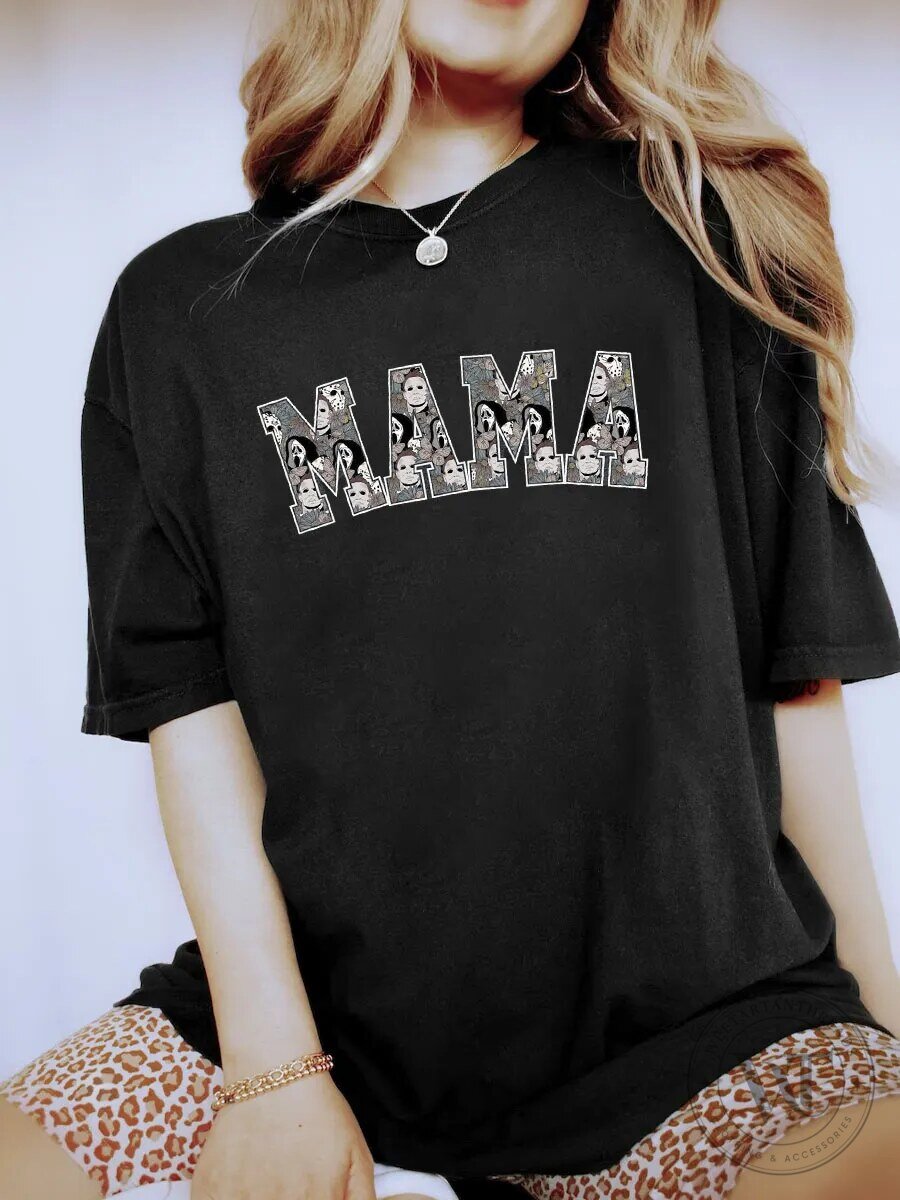 Spooky Mama Horror Movie Characters Halloween Black T-Shirt