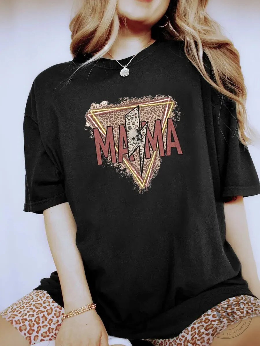 Retro Mama Leopard Print Lightning Bolt Graphic T-Shirt