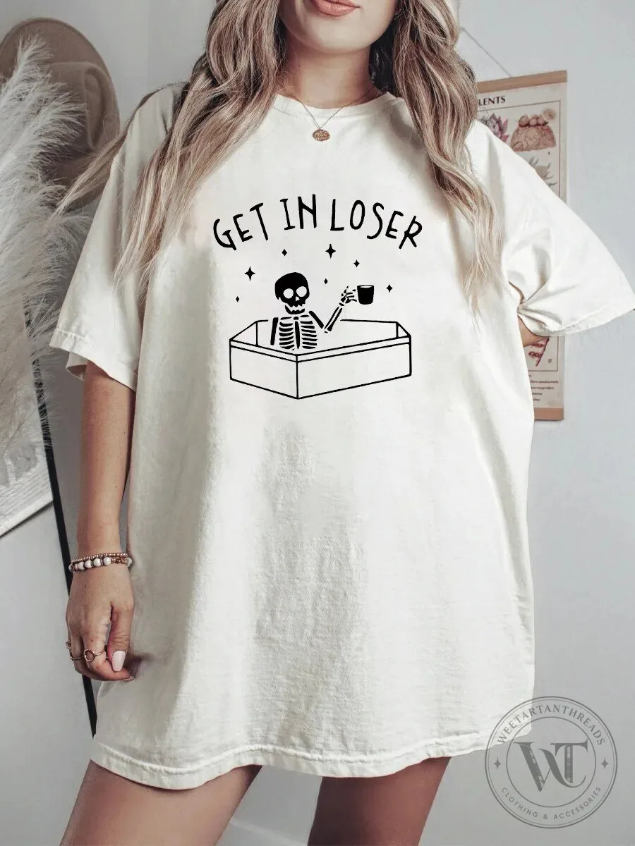 Get In Loser Skeleton Drinking Coffee Funny Halloween Graphic T-Shirt
