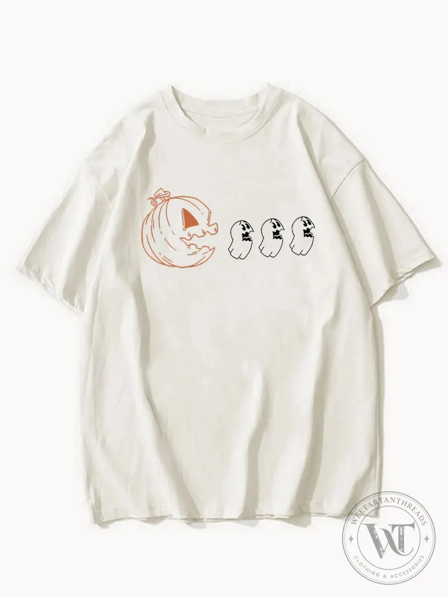 Halloween Pumpkin and Ghost Graphic Print Short Sleeve Crew Neck T-Shirt
