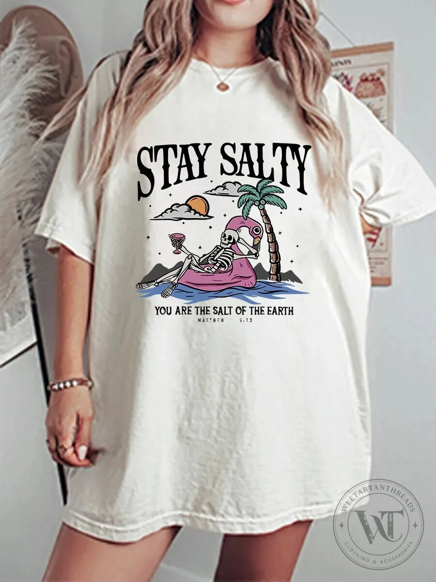 Stay Salty Skeleton Drinking on Float with Palm Tree Graphic T-Shirt