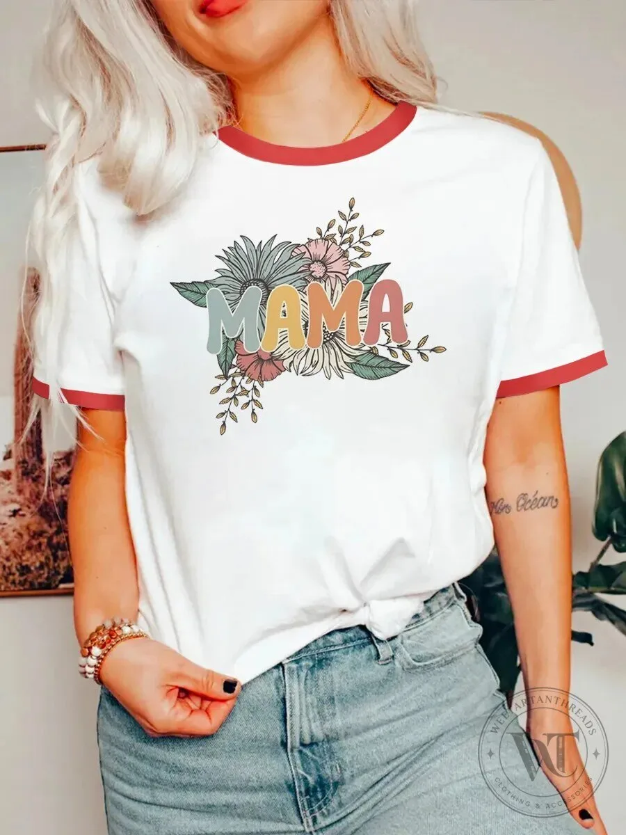 Mama Flowers Vintage Style Floral Mother's Day Ringer T-Shirt