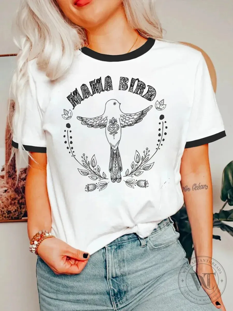 Mama Bird Vintage Ringer T-Shirt for Women, Boho Floral Design