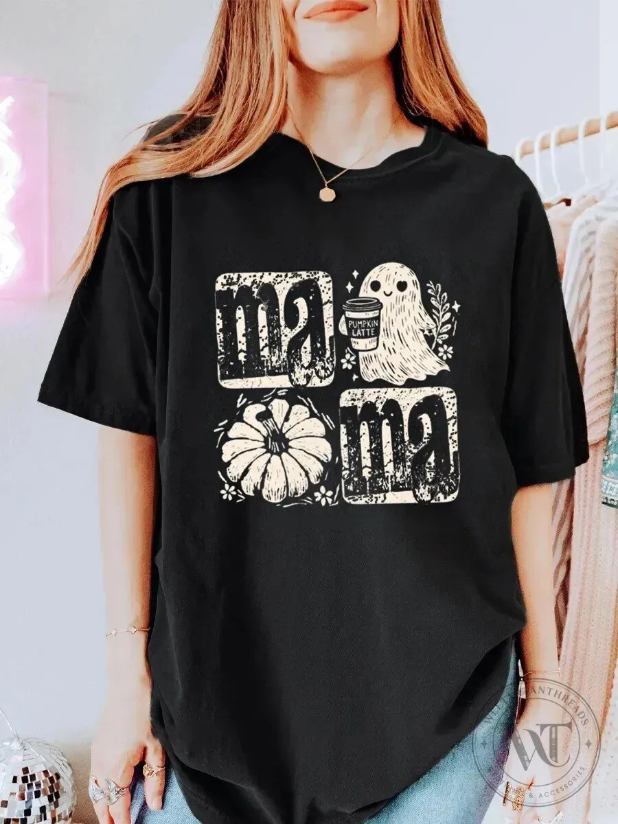 Mama Ghost Pumpkin Latte Fall Halloween Graphic T-Shirt