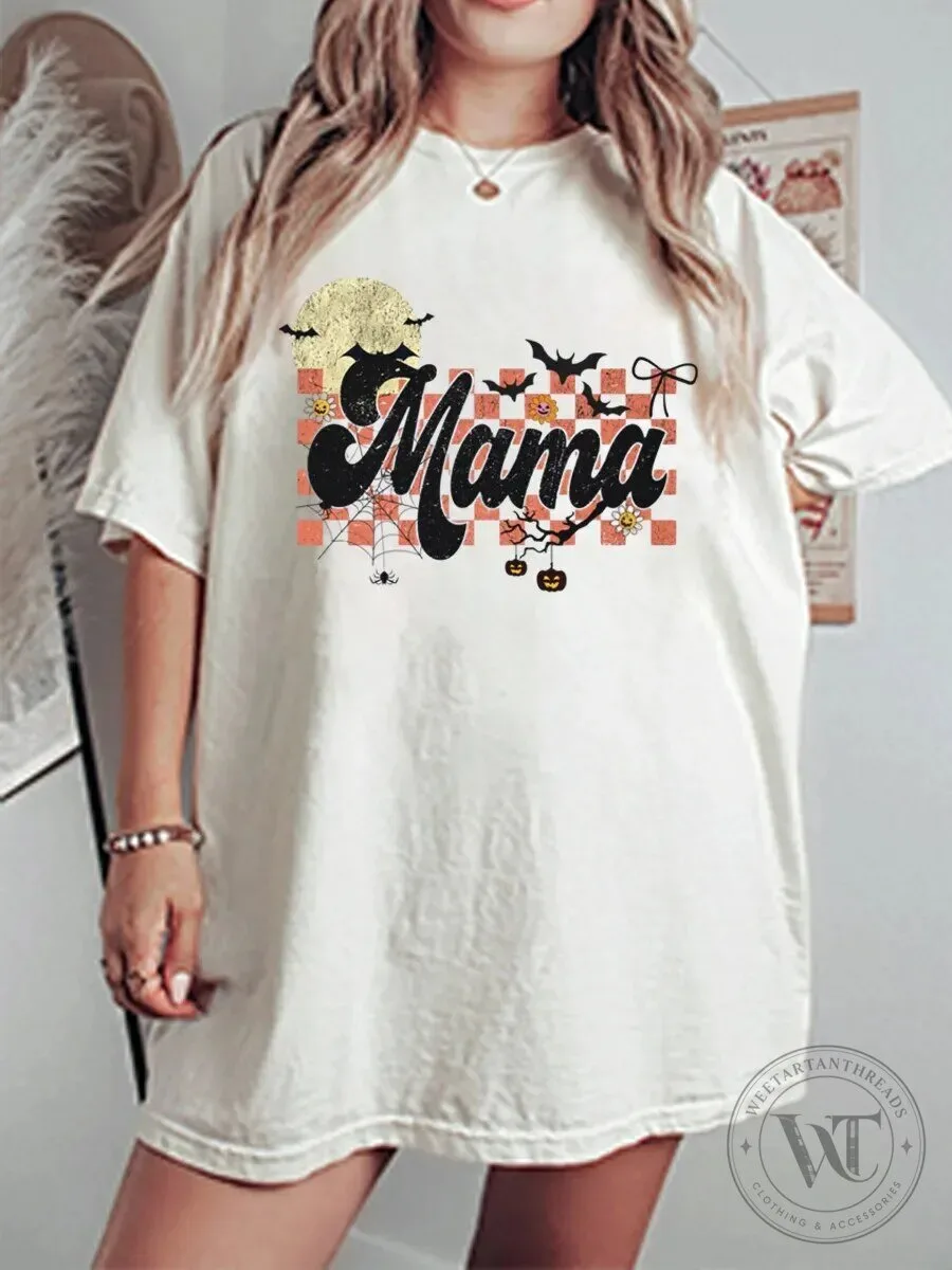 Spooky Mama Halloween Vintage Checkered Bats Pumpkins Spiderweb T-Shirt 2 Spooky Mama Halloween Vintage Checkered Bats Pumpkins Spiderweb T-Shirt