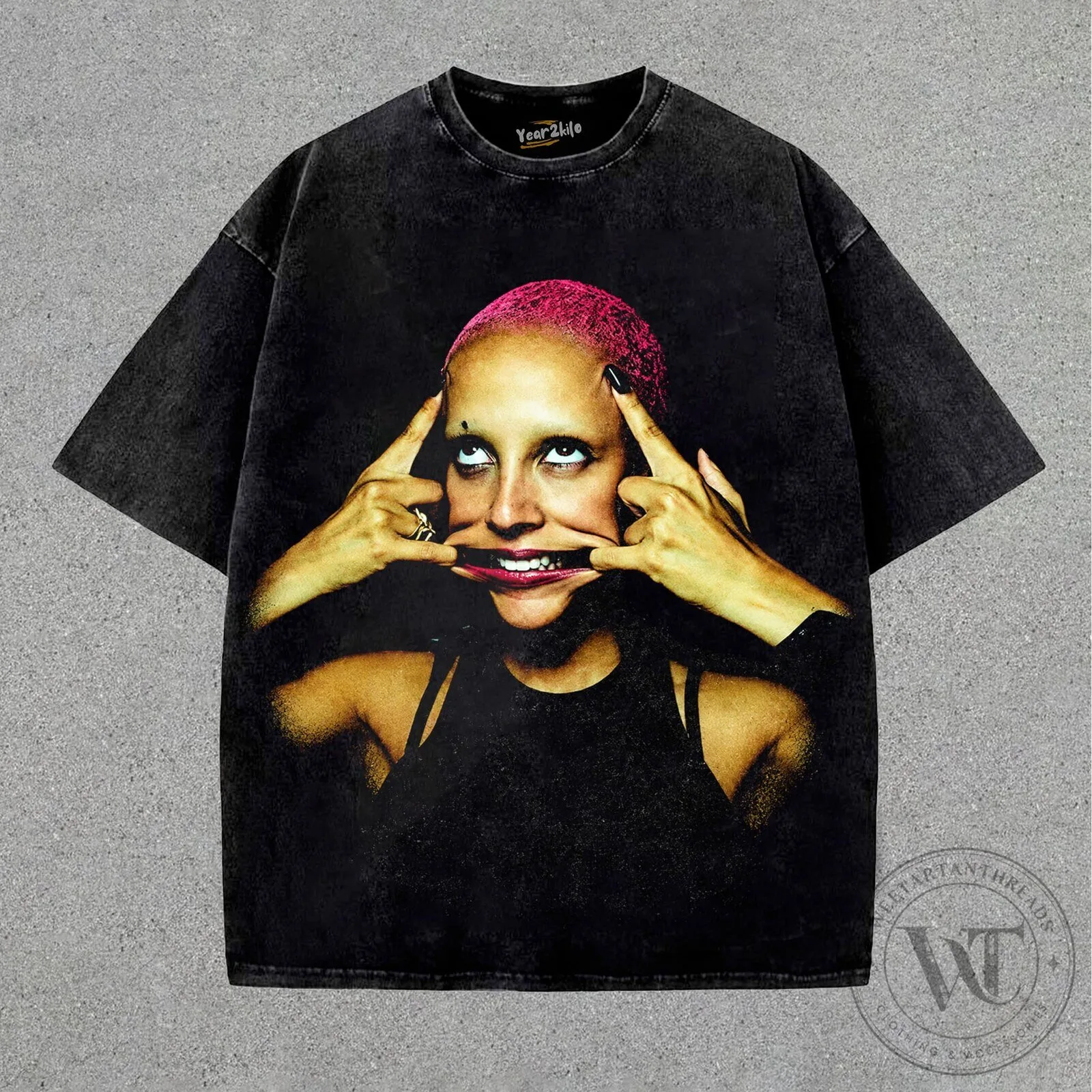 Oversized Black Washed T-Shirt featuring Vintage Graphic Print by Doja Cat