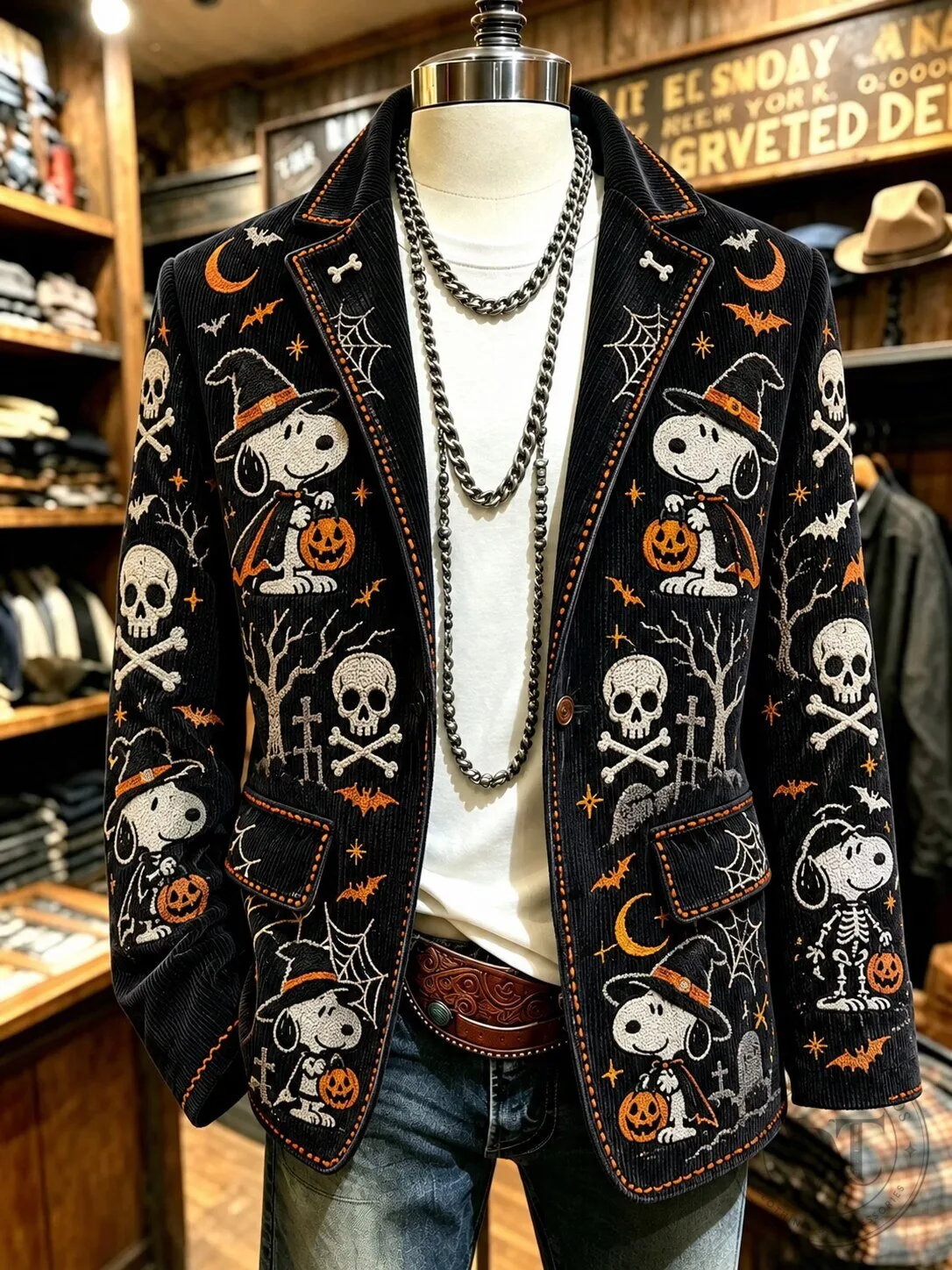 Snoopy Halloween Embroidered Corduroy Blazer Jacket for Men