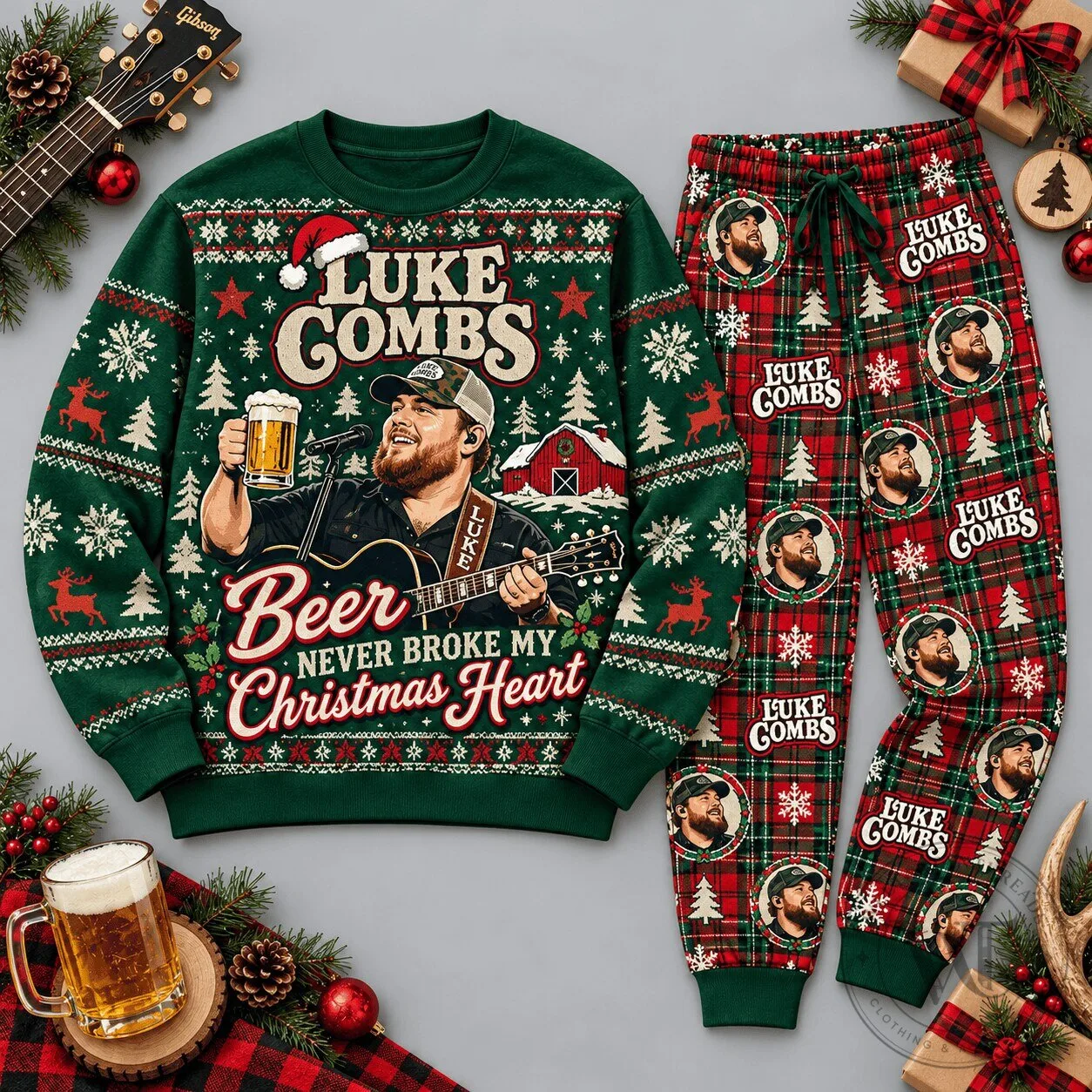 Ugly Christmas Sweater Featuring Luke Combs' Beer Never Broke My Christmas Heart Design