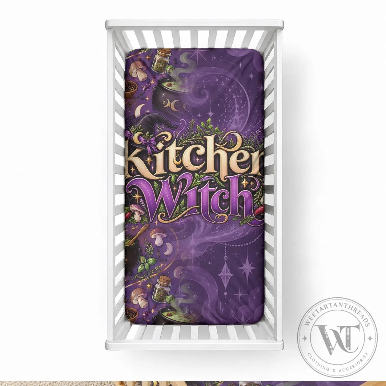 Kitchen Witch Mystical Herbs and Cauldron Purple Baby Crib Fitted Sheet