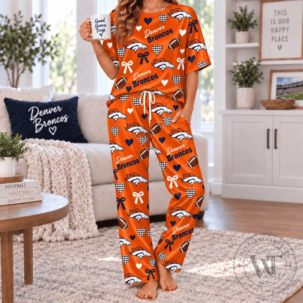 Denver Broncos Football Team Spirit Satin Pajamas Set for Women Denver Broncos Football Team Spirit Satin Pajamas Set for Women