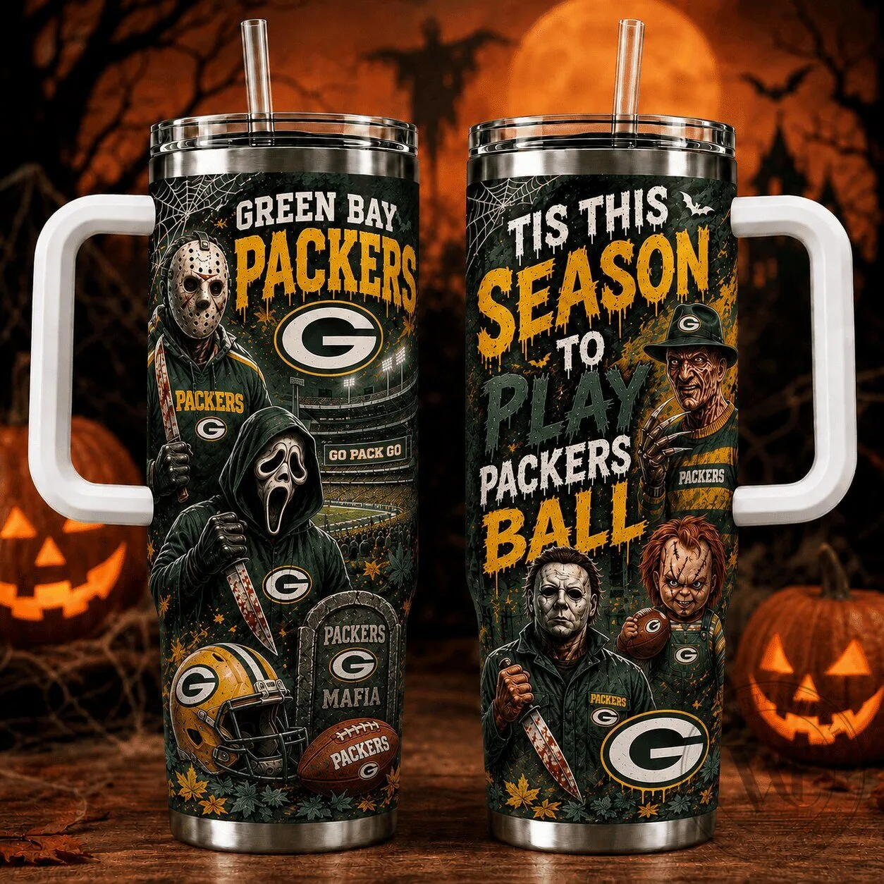 Green Bay Packers Halloween Horror Movie Characters Football Fan Tumbler