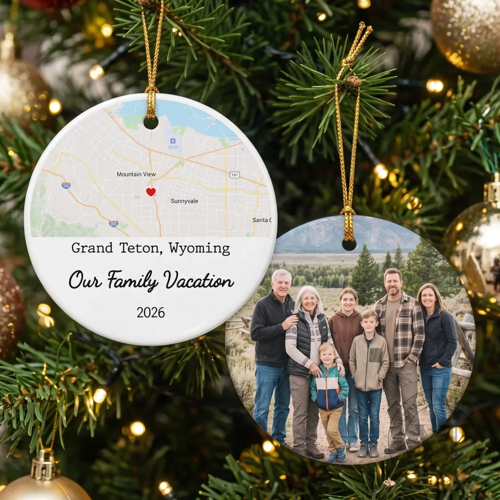 Personalized Family Vacation Photo and Map Commemorative Christmas Ornament Personalized Family Vacation Photo and Map Commemorative Christmas Ornament