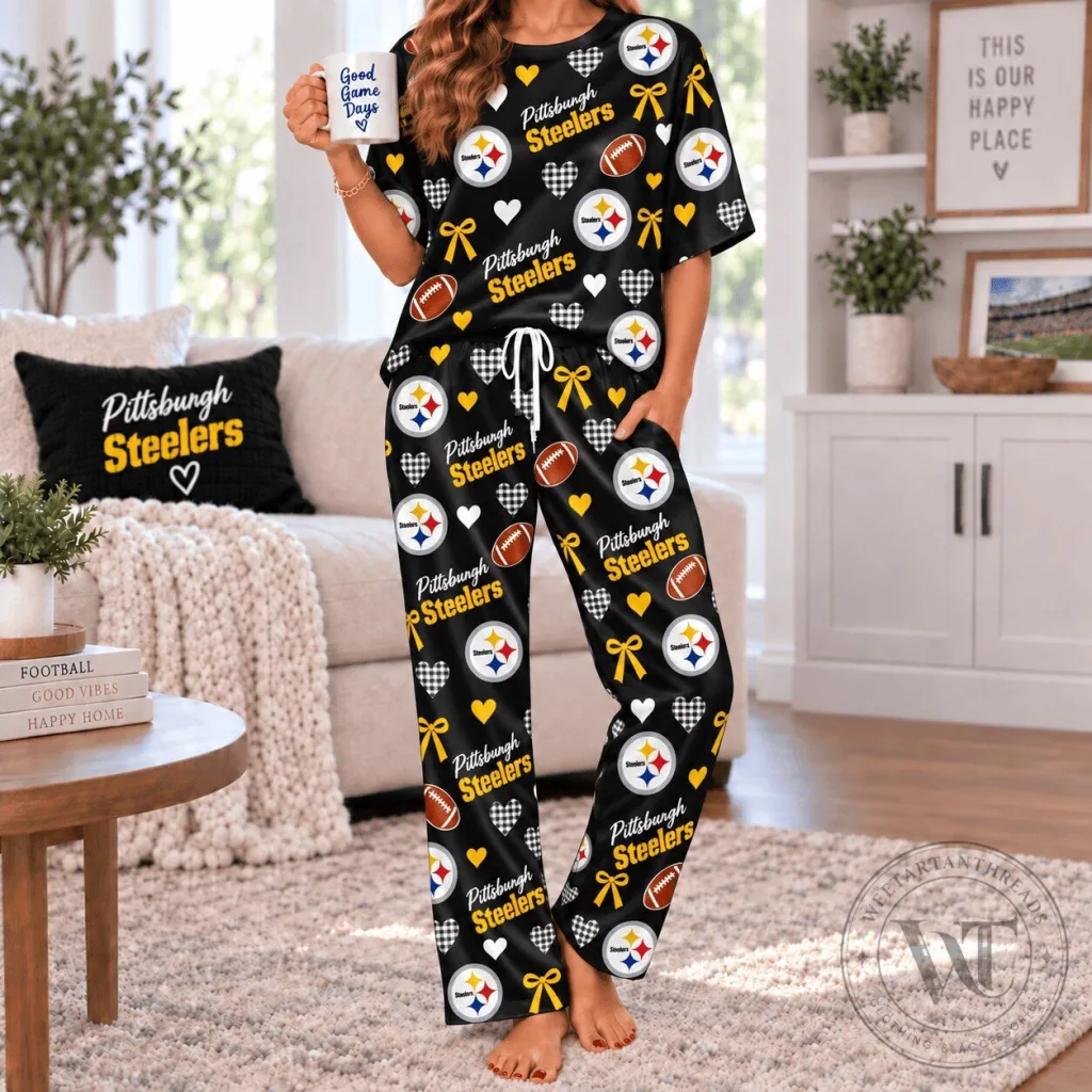Pittsburgh Steelers NFL Team Spirit Black Football Pattern Pajamas Set Pittsburgh Steelers NFL Team Spirit Black Football Pattern Pajamas Set