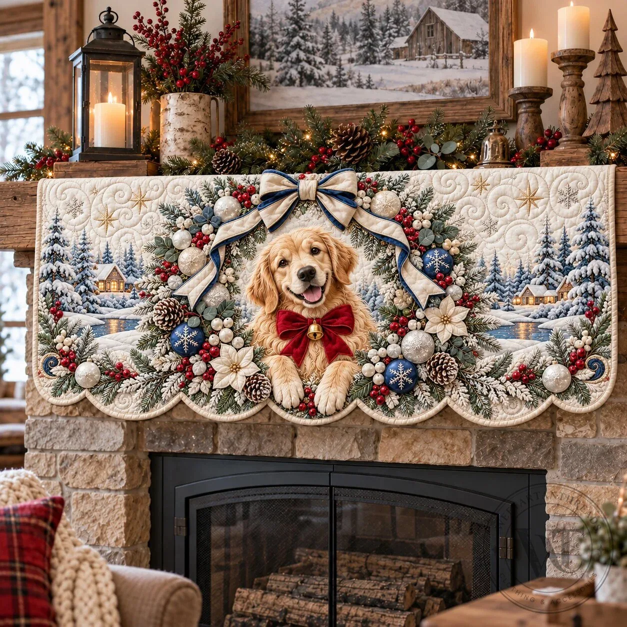 Golden Retriever Puppy Christmas Holiday Quilted Mantel Scarf with Winter Wreath