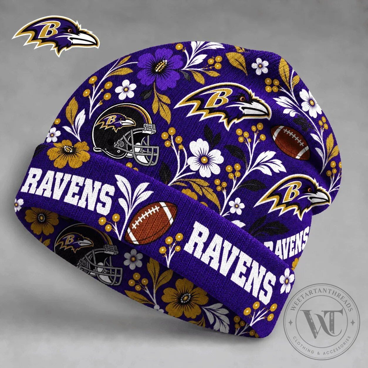 Baltimore Ravens Floral Pattern Football Team Logo Winter Beanie Hat
