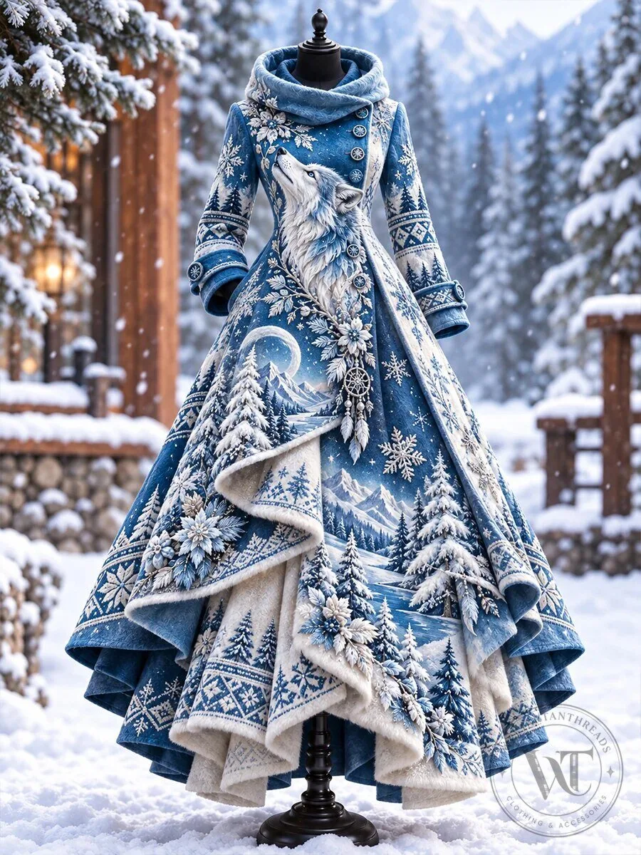 Winter Wolf and Snowy Forest Patterned Women's Long Sleeve Dress 5 Winter Wolf and Snowy Forest Patterned Women