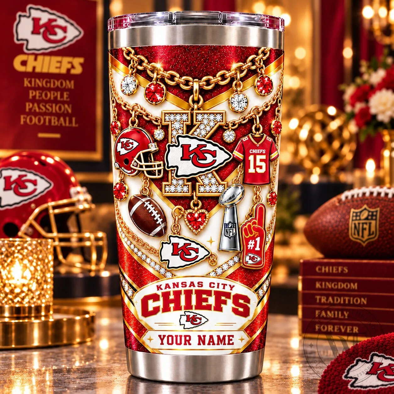 Kansas City Chiefs Football Team Personalized Sparkle Tumbler
