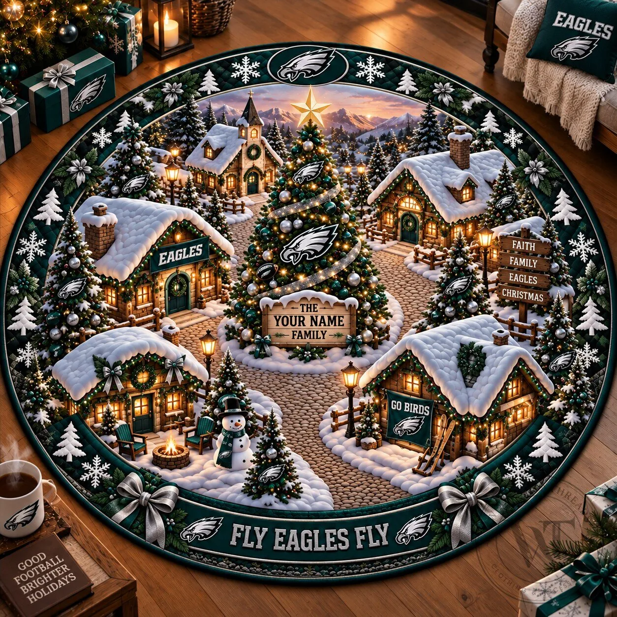 Philadelphia Eagles Christmas Village Personalized Round Rug