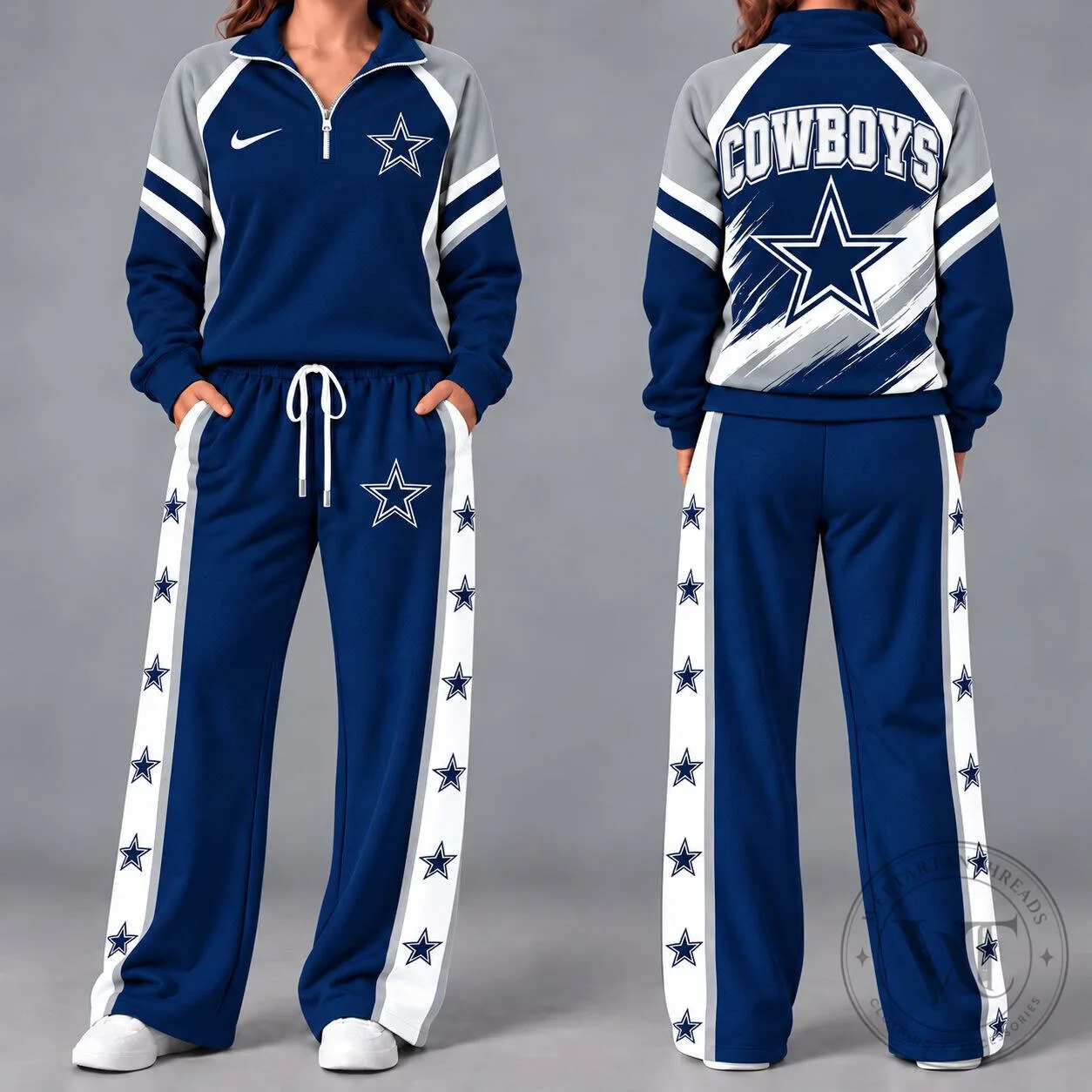 Dallas Cowboys NFL Team Logo Quarter-Zip Pullover Hoodie and Wide-Leg Pants Set 1 Dallas Cowboys NFL Team Logo Quarter-Zip Pullover Hoodie and Wide-Leg Pants Set