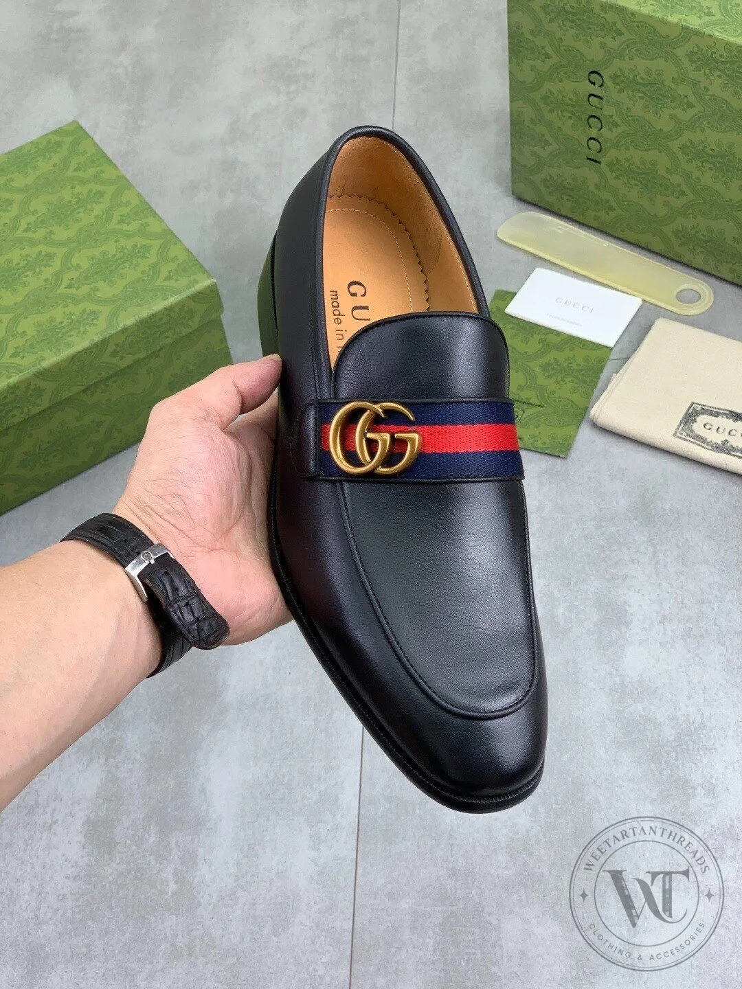 Gucci Black Leather Loafer Shoes with Interlocking G Detail