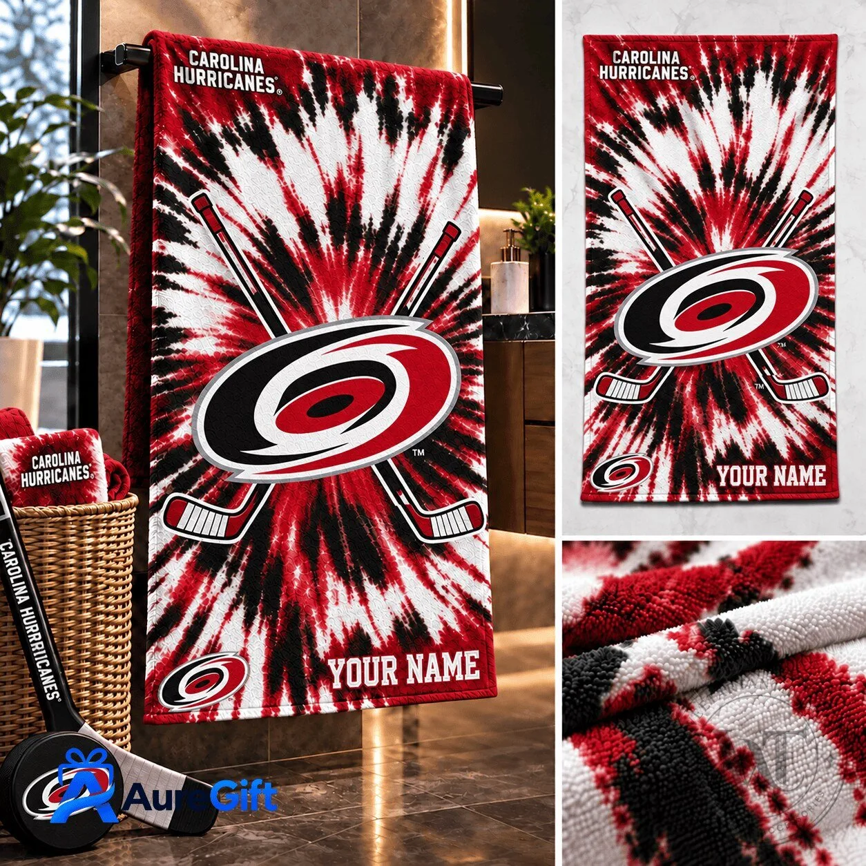 Carolina Hurricanes NHL Tie-Dye Hockey Sticks Personalized Bath Towel