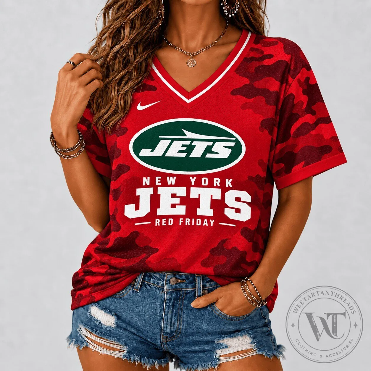 New York Jets Red Friday Camouflage V-Neck Football Jersey