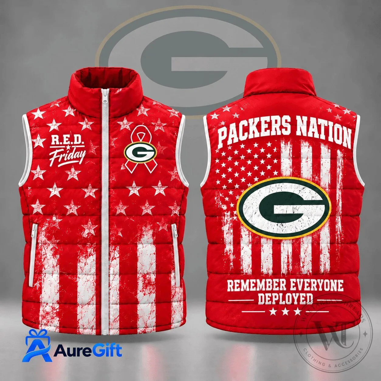 Green Bay Packers Remember Everyone Deployed R.E.D. Friday Stars and Stripes Puffer Vest 2 Green Bay Packers Remember Everyone Deployed R.E.D. Friday Stars and Stripes Puffer Vest