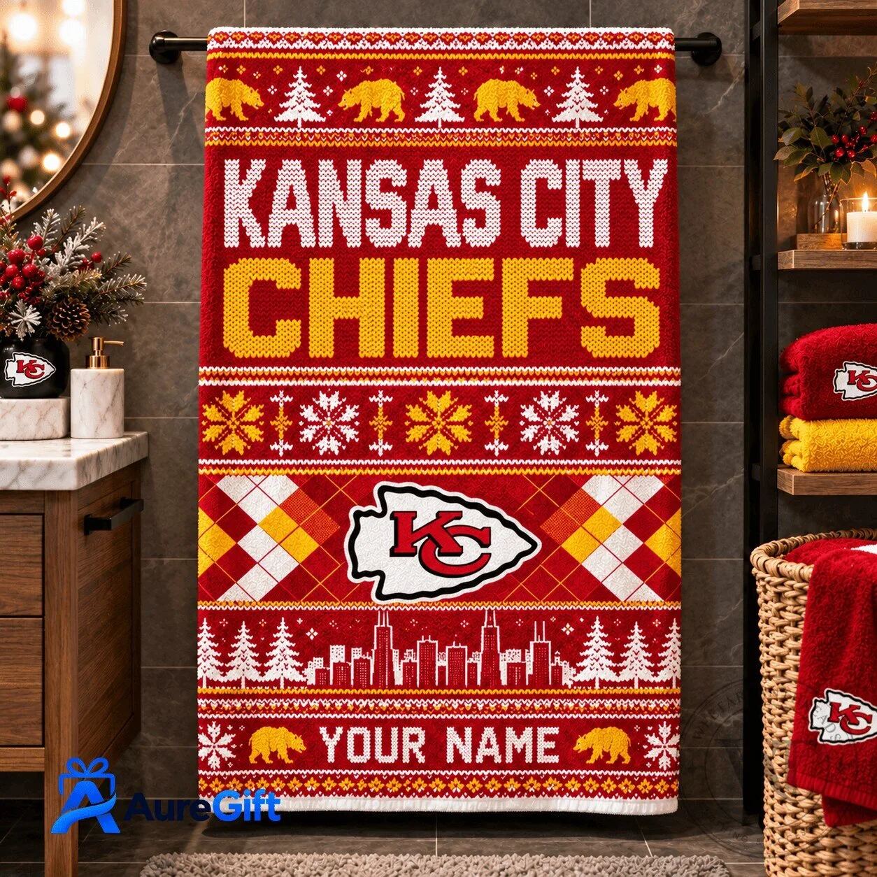 Kansas City Chiefs NFL Ugly Christmas Personalized Name Bath Towel