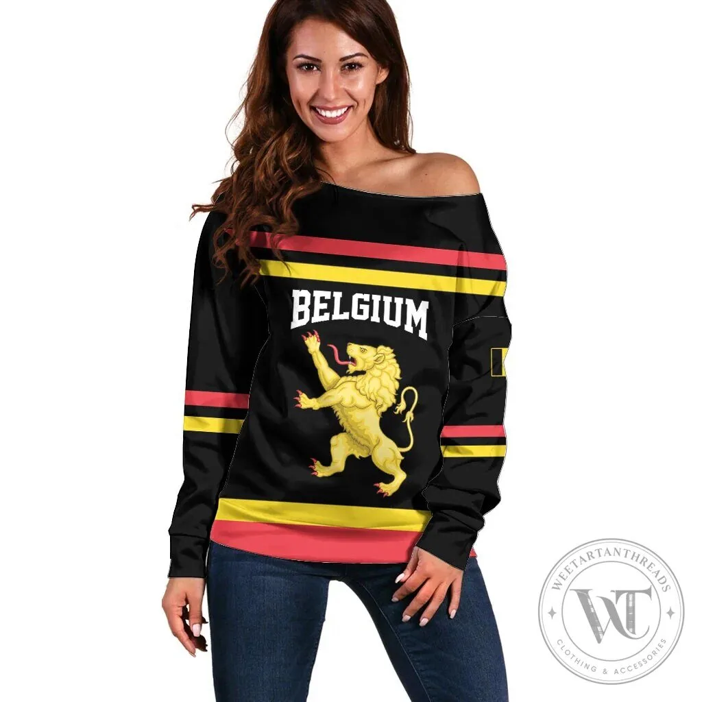 Belgium National Flag Lion Crest Off Shoulder Long Sleeve Sweatshirt