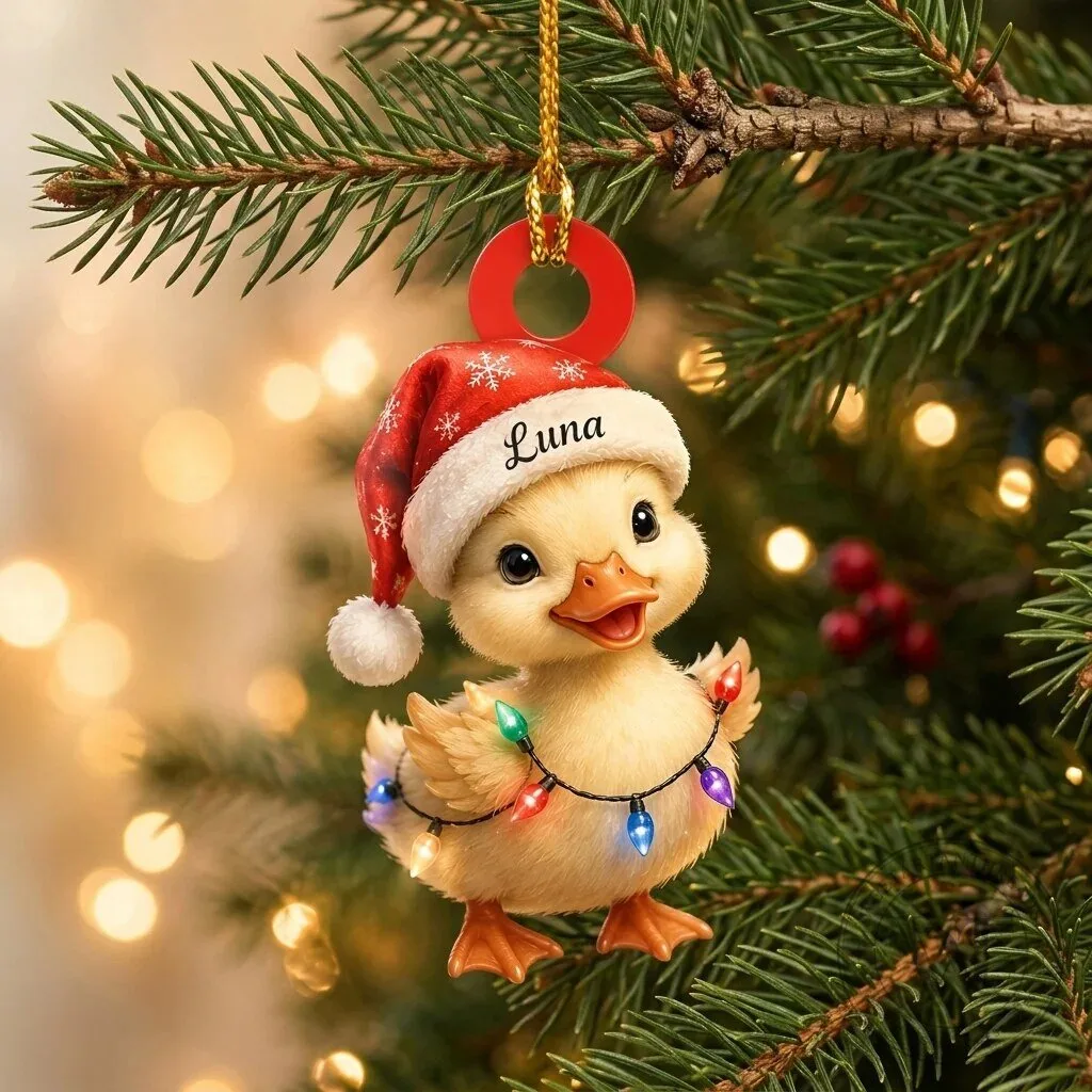 Personalized Baby Duck with Santa Hat Christmas Tree Ornament