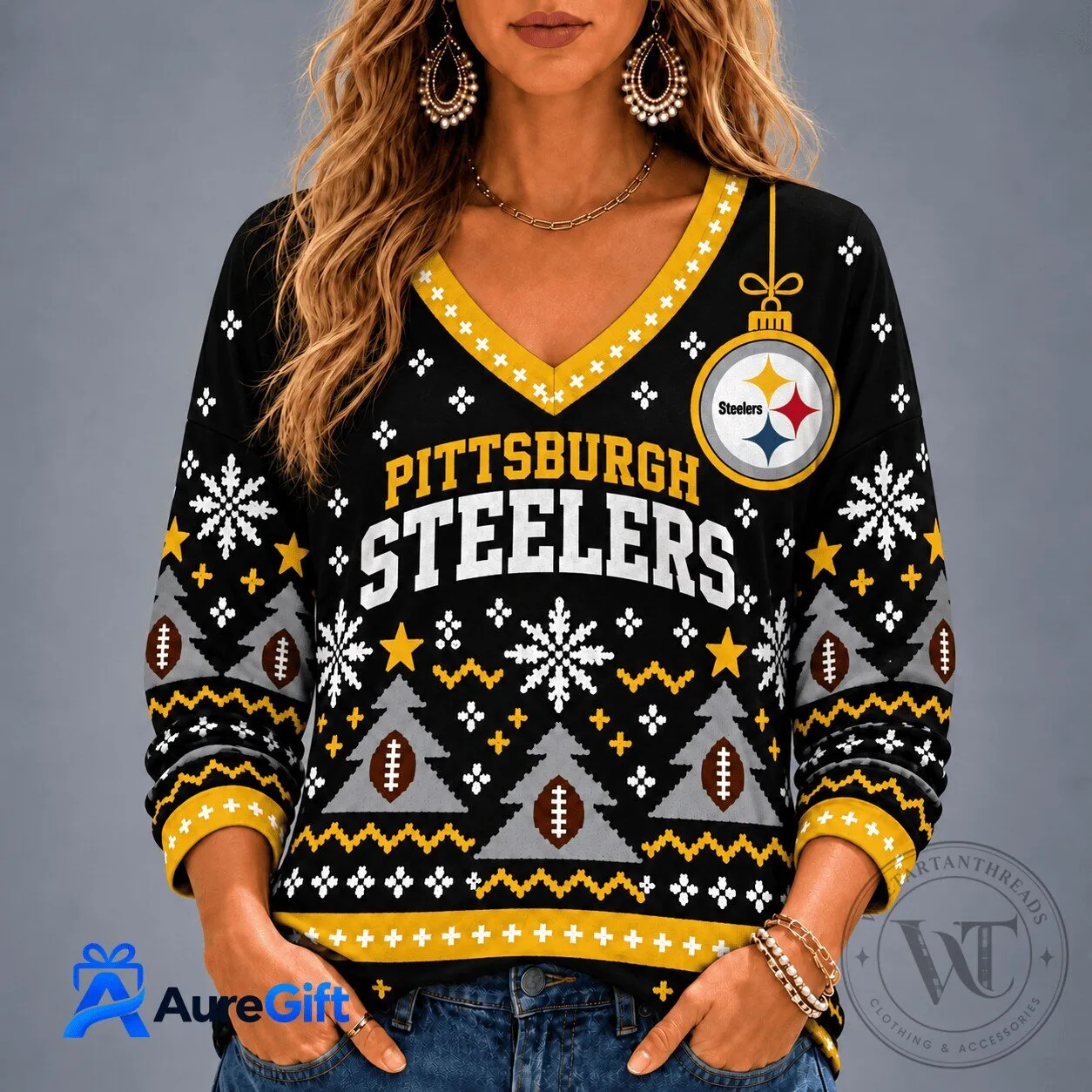 Pittsburgh Steelers Christmas Ugly Sweater Style Long-Sleeve Shirt 1 Pittsburgh Steelers Christmas Ugly Sweater Style Long-Sleeve Shirt