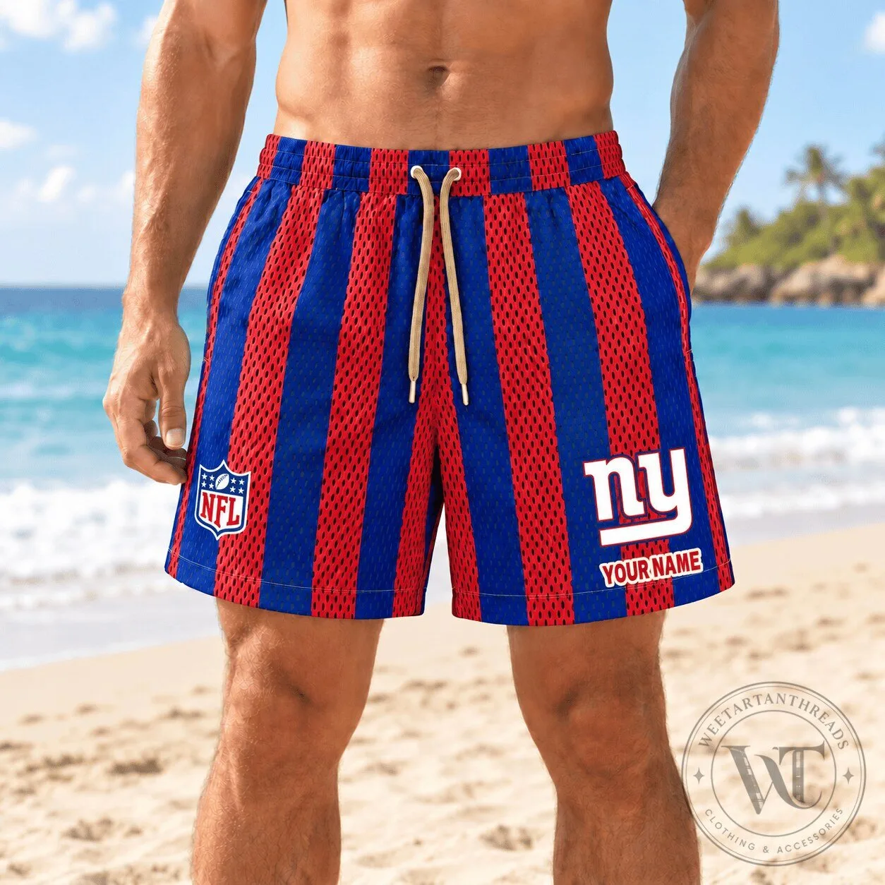 New York Giants NFL Custom Name Red Blue Striped Shorts