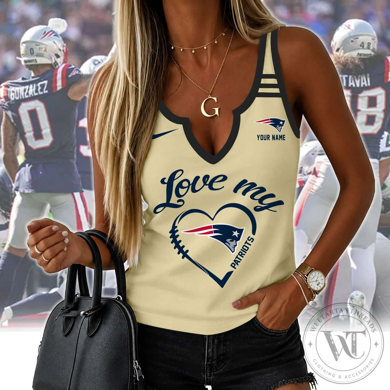 New England Patriots Women's Love My Patriots Heart V-Neck Tank Top 8 New England Patriots Women