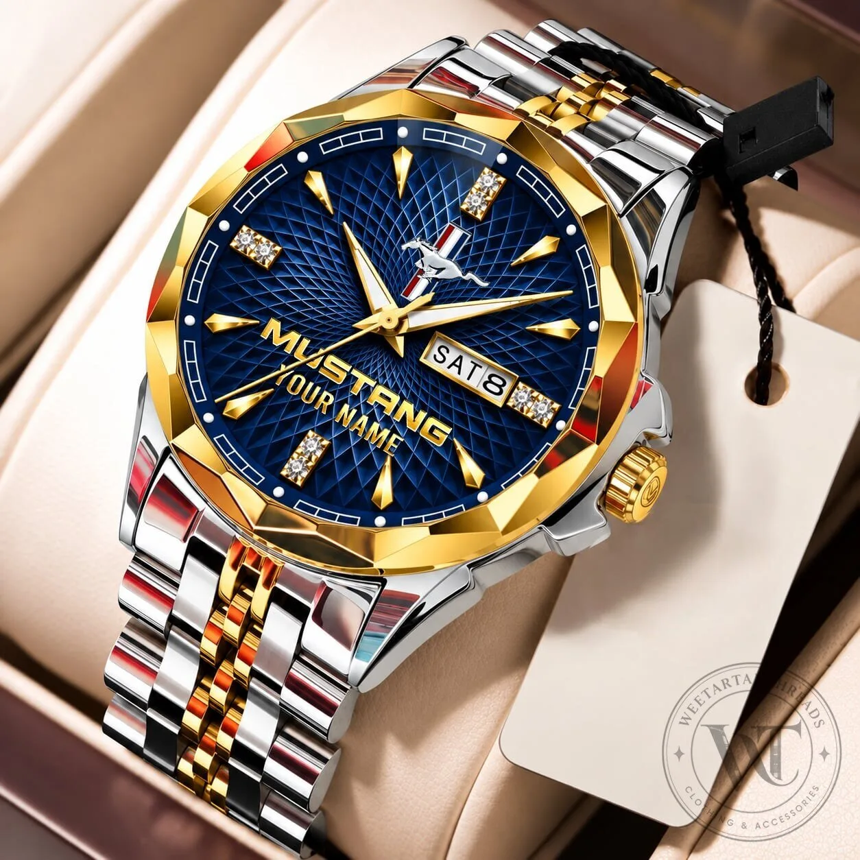 Ford Mustang Custom Name Elegant Design Gold and Silver Watch