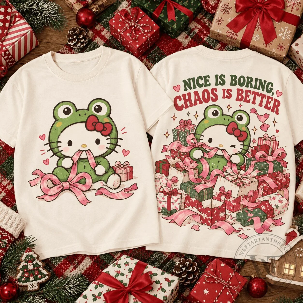Hello Kitty Frog Nice Is Boring Chaos Is Better Christmas T-Shirt