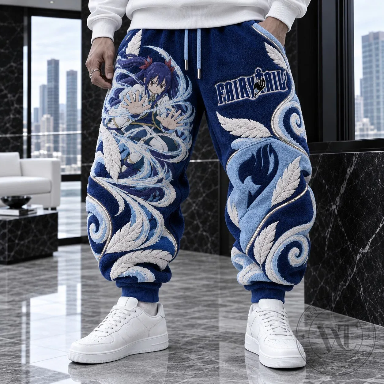 Fairy Tail Wendy Marvell Anime Embroidered Blue Casual Sweatpants