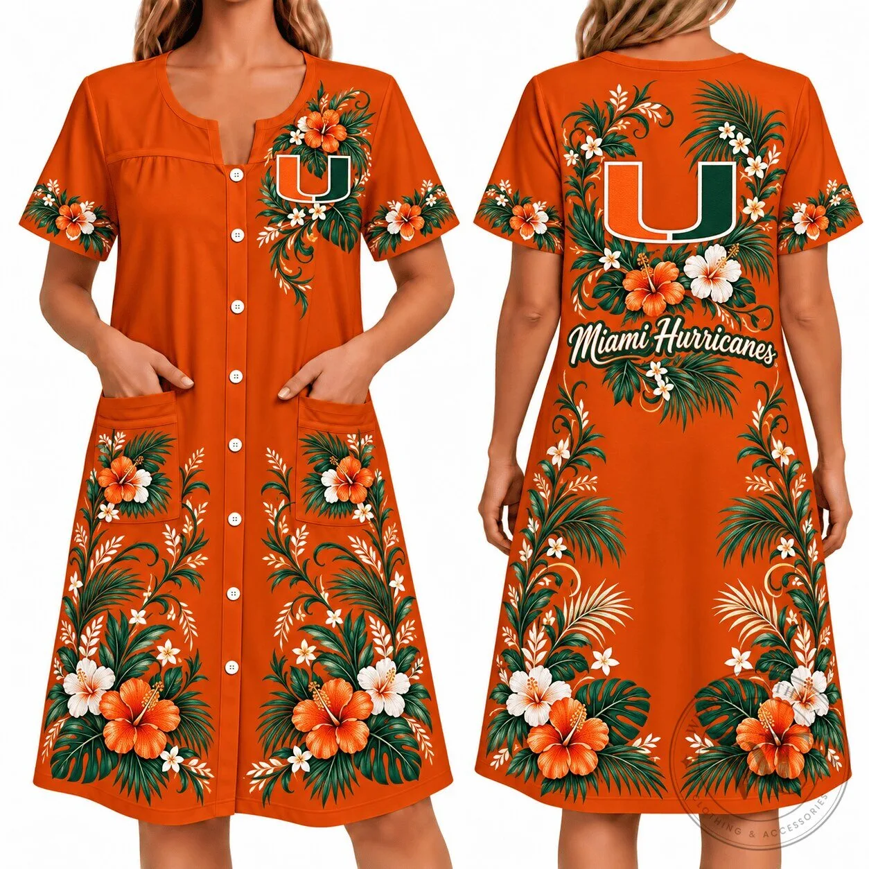 Miami Hurricanes Tropical Floral Button-Up House Dress for Women