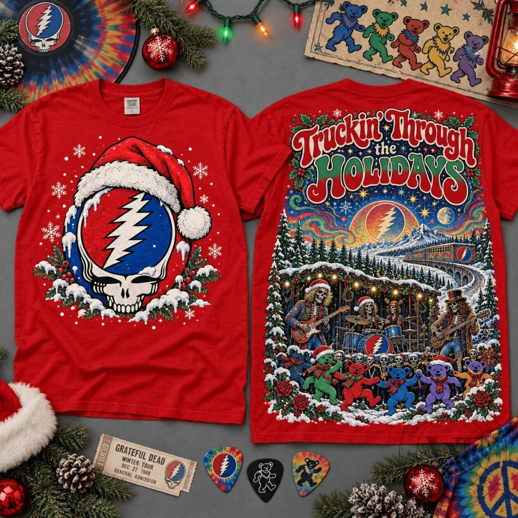 Grateful Dead Truckin Through the Holidays Skull Christmas Holiday T-Shirt Grateful Dead Truckin Through the Holidays Skull Christmas Holiday T-Shirt