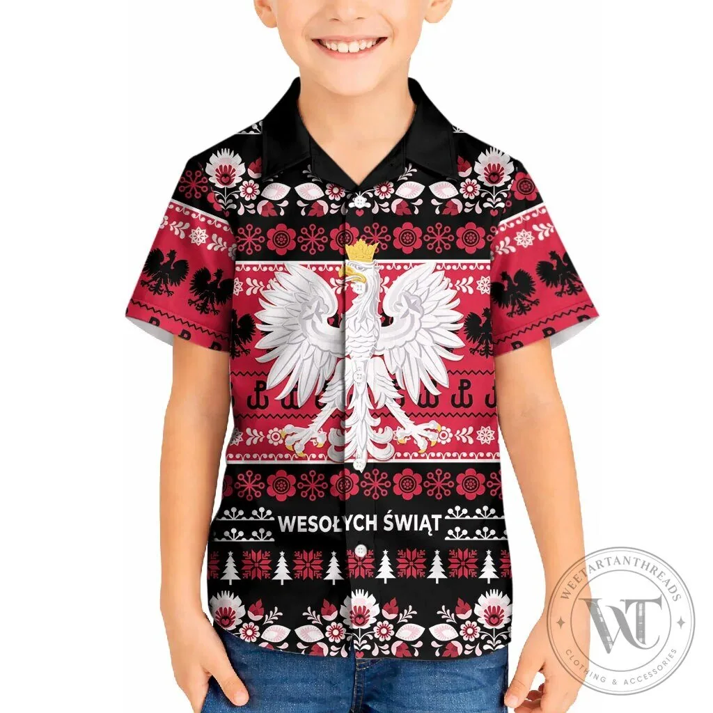 Poland Christmas Folk Art White Eagle Kids Hawaiian Shirt