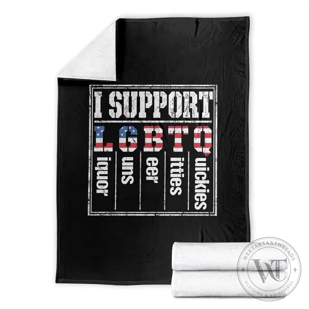 Funny I Support LGBTQ Liquor Guns Beer Titties Quickies Vintage American Flag Blanket