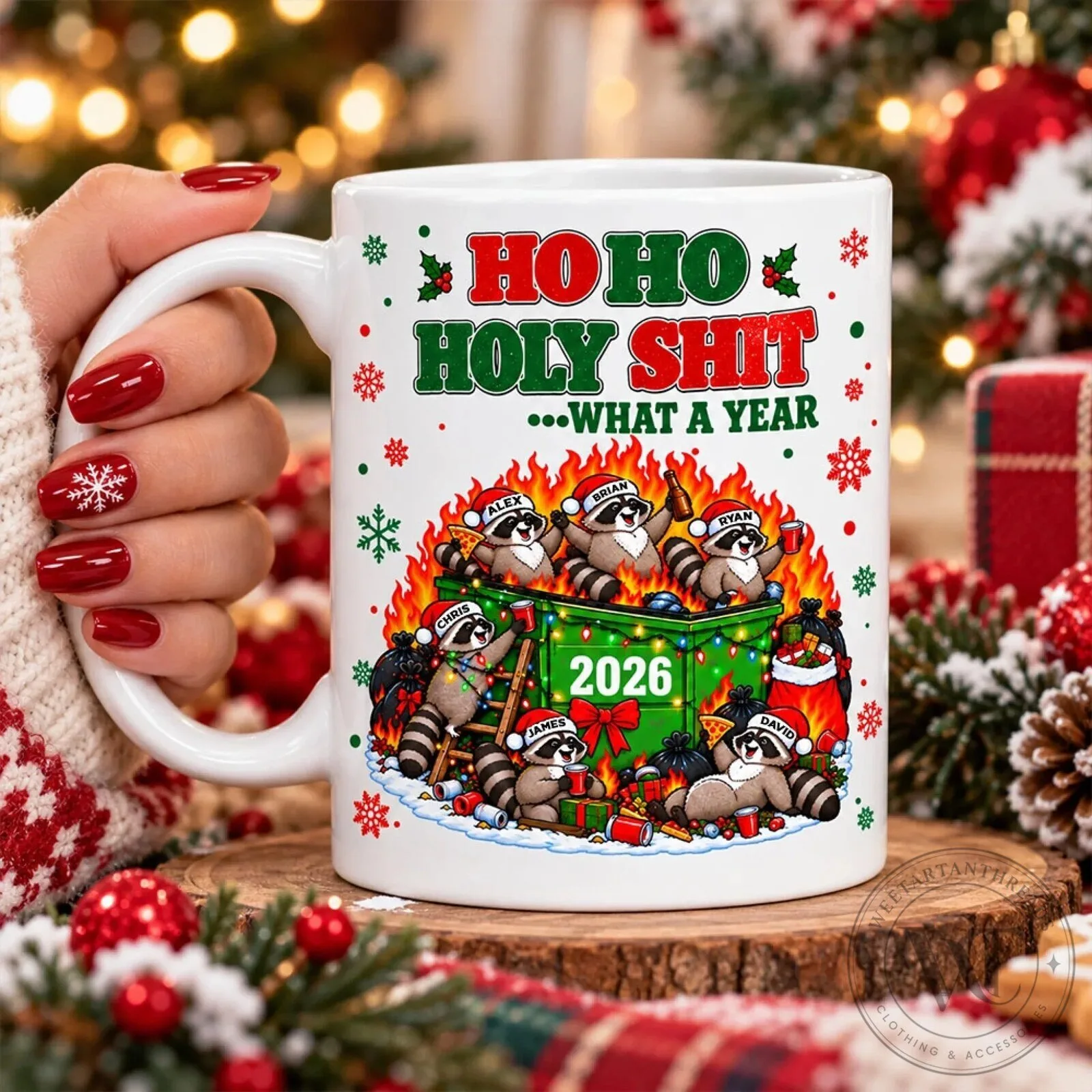 Ho Ho Holy Shit What A Year 2026 Funny Christmas Raccoon Personalized Coffee Mug