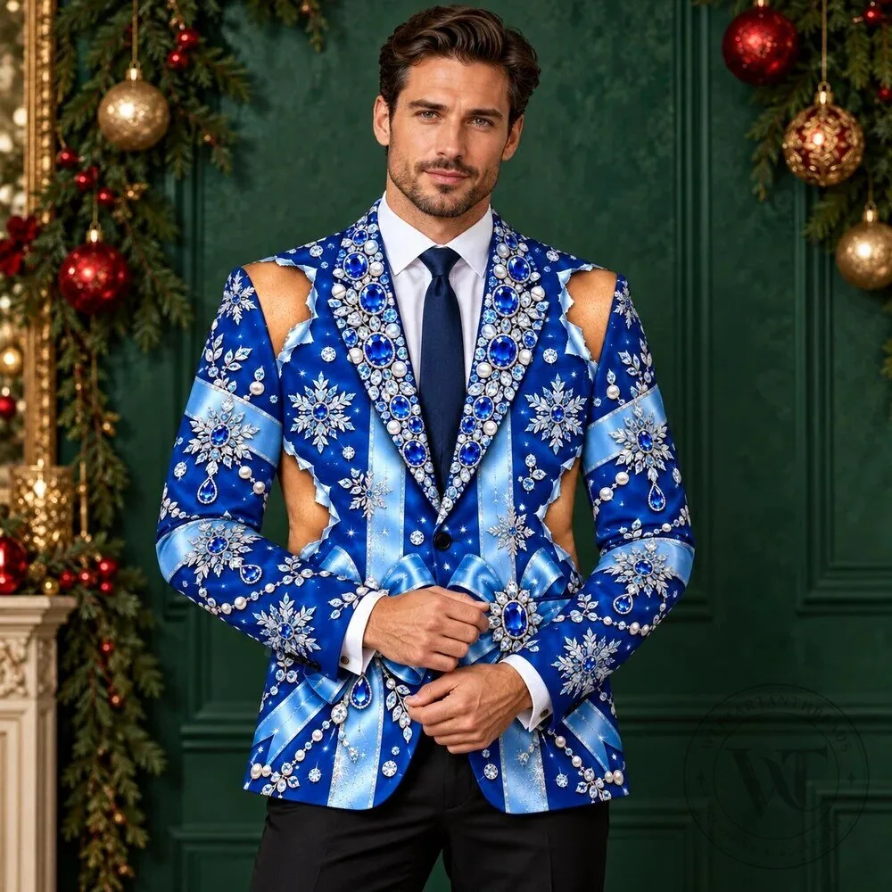 Royal Blue Christmas Jewel and Snowflake Print Blazer Jacket for Men
