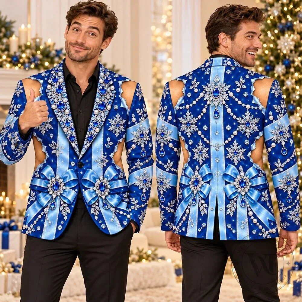Royal Blue Christmas Jewel and Snowflake Print Blazer Jacket for Men 15 Royal Blue Christmas Jewel and Snowflake Print Blazer Jacket for Men