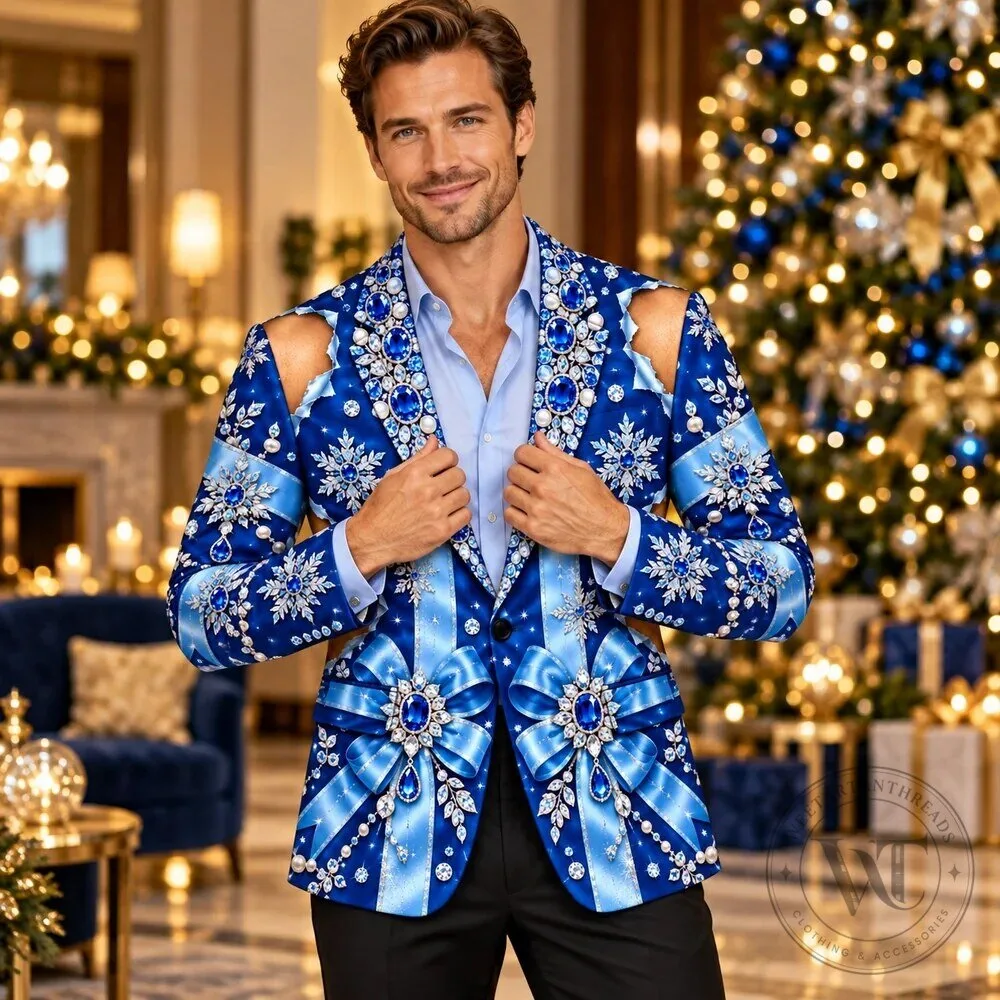 Royal Blue Christmas Jewel and Snowflake Print Blazer Jacket for Men 16 Royal Blue Christmas Jewel and Snowflake Print Blazer Jacket for Men