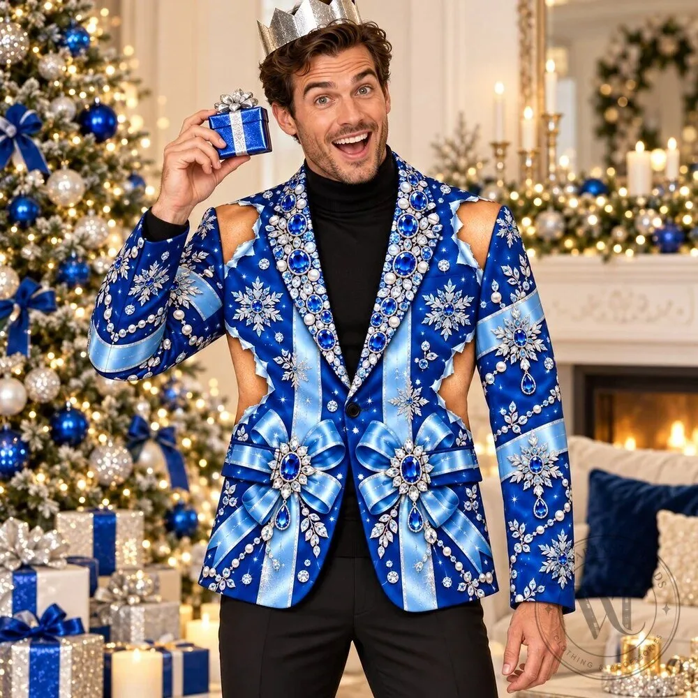 Royal Blue Christmas Jewel and Snowflake Print Blazer Jacket for Men 17 Royal Blue Christmas Jewel and Snowflake Print Blazer Jacket for Men