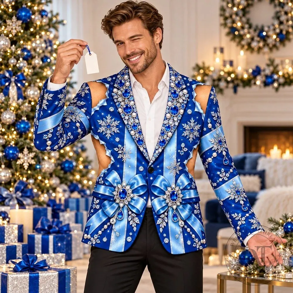 Royal Blue Christmas Jewel and Snowflake Print Blazer Jacket for Men 18 Royal Blue Christmas Jewel and Snowflake Print Blazer Jacket for Men