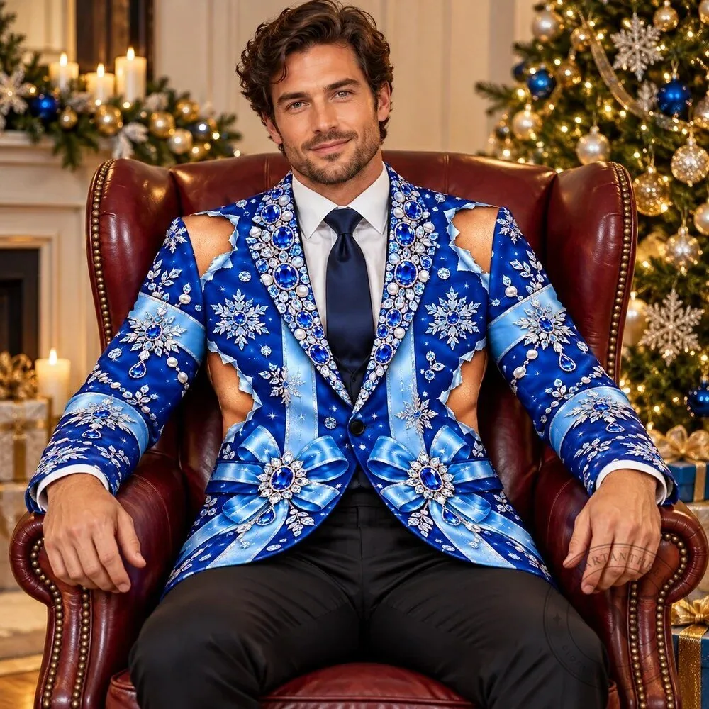 Royal Blue Christmas Jewel and Snowflake Print Blazer Jacket for Men 19 Royal Blue Christmas Jewel and Snowflake Print Blazer Jacket for Men