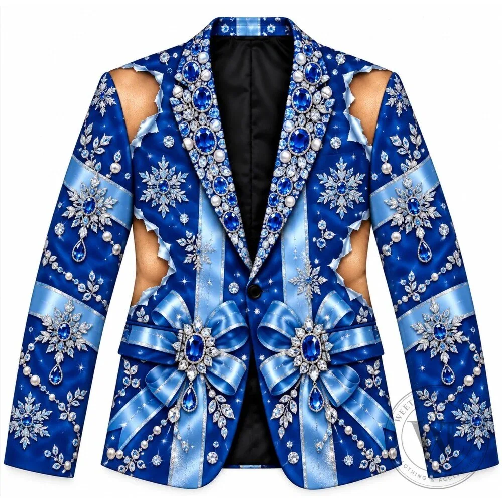 Royal Blue Christmas Jewel and Snowflake Print Blazer Jacket for Men 20 Royal Blue Christmas Jewel and Snowflake Print Blazer Jacket for Men