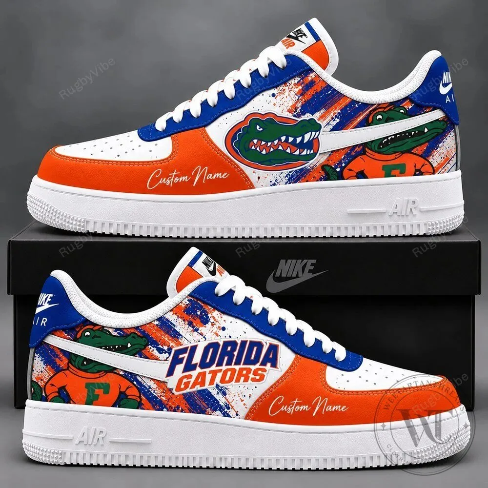 Florida Gators Custom Name Team Logo White Orange Blue Splatter Shoes